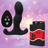 The Aneros Vice 2 Vibrating Prostate Massager by Aneros, featuring a remote control and digital display, is displayed beside its "VICE 2" packaging against a purple background with glowing lights, emphasizing its hands-free design.